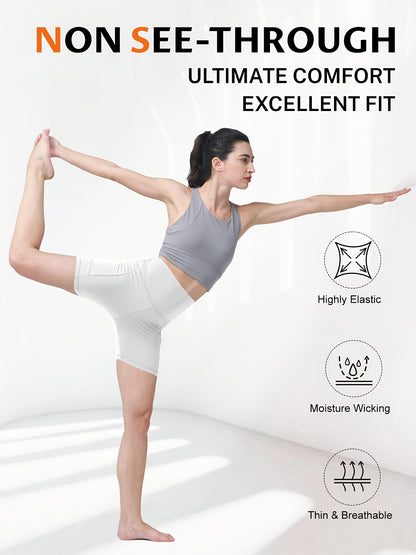 1pc Women's High-Waisted Yoga Shorts with Tummy Control & Pockets - Breathable Workout Gym Shorts, Tight-Fitting Low-Rise Athletic Pants for Summer, Gymnastics, Training (Black/Grey/Navy/Pink/ Brown) - Non-See-Through Quick-Dry