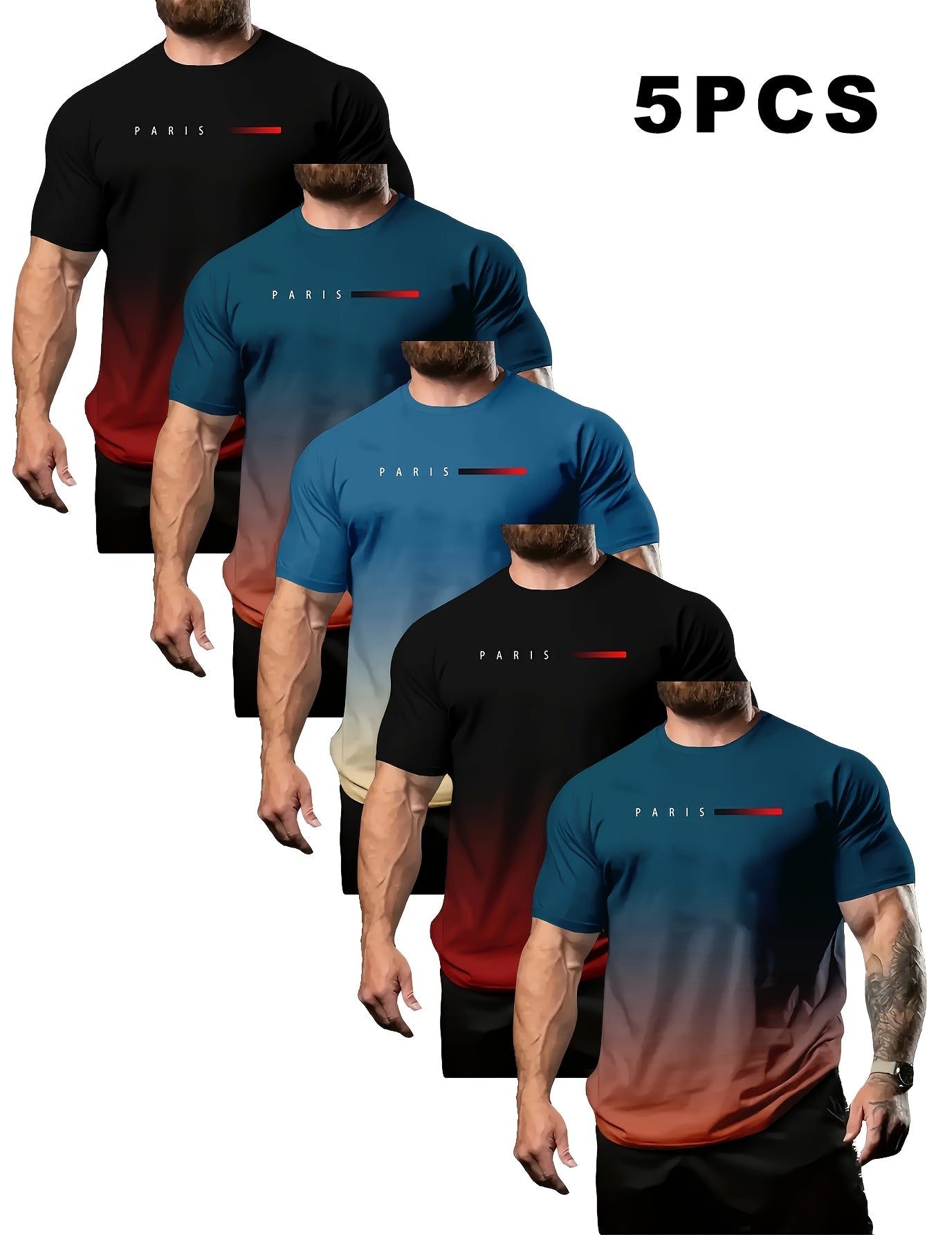 Set of 5 Colorful Gradient Short Sleeve Crew Neck T-Shirts for Men - Casual Summer Comfort Tee with Printed Letters - Ideal Gift Option