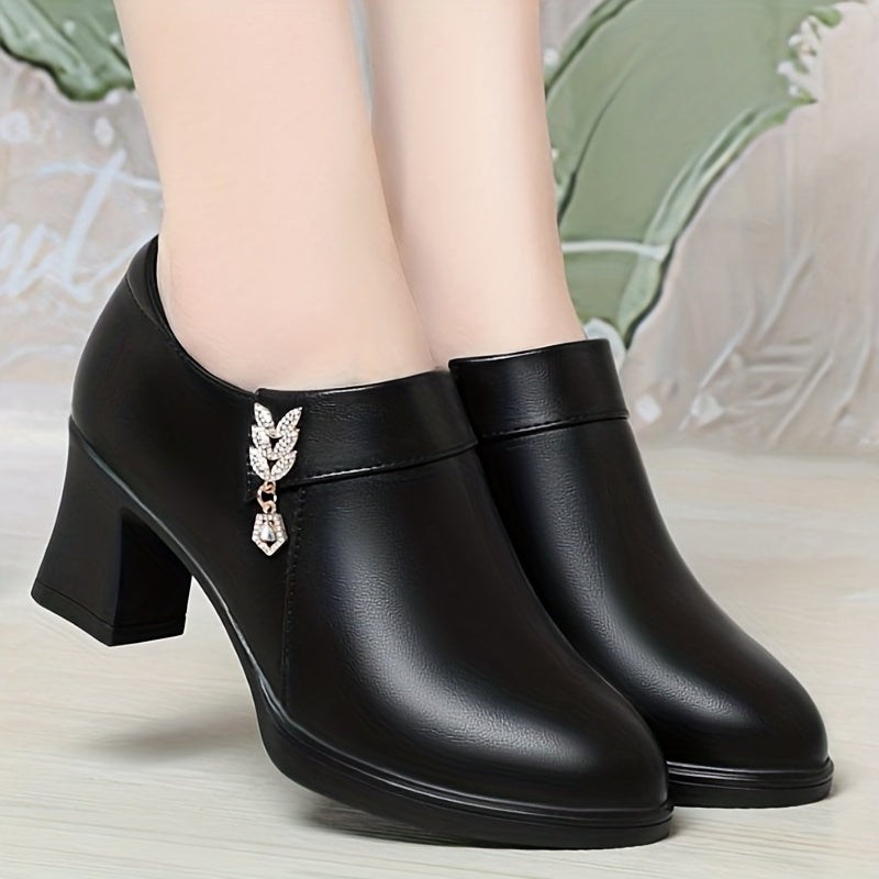 Women'S Elegant Glossy Faux Cover Chunky Heel Ankle Boots with Golden-Tone Buckle And Zipper Closure - Round Toe Synthetic Cover Dress Shoes, All-Season Versatile Casual to Formal Wear, High Heel Boots, Women Shoes