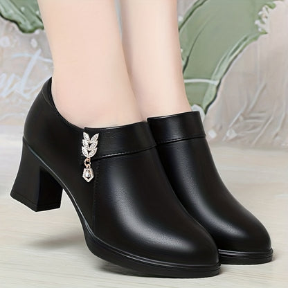 Women'S Elegant Glossy Faux Cover Chunky Heel Ankle Boots with Golden-Tone Buckle And Zipper Closure - Round Toe Synthetic Cover Dress Shoes, All-Season Versatile Casual to Formal Wear, High Heel Boots, Women Shoes