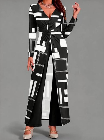 Fall & Winter Elegant Twist Front Pants Set - Women's Pantsuits with V-Neck Split Long Sleeves Shirts & Straight Leg Pant, Chic Two-pcs Set Clothing for Ladies, Elegant Two Piece Sets for Women, 2 Sets Women Outfits, Women Two Piece Outfits