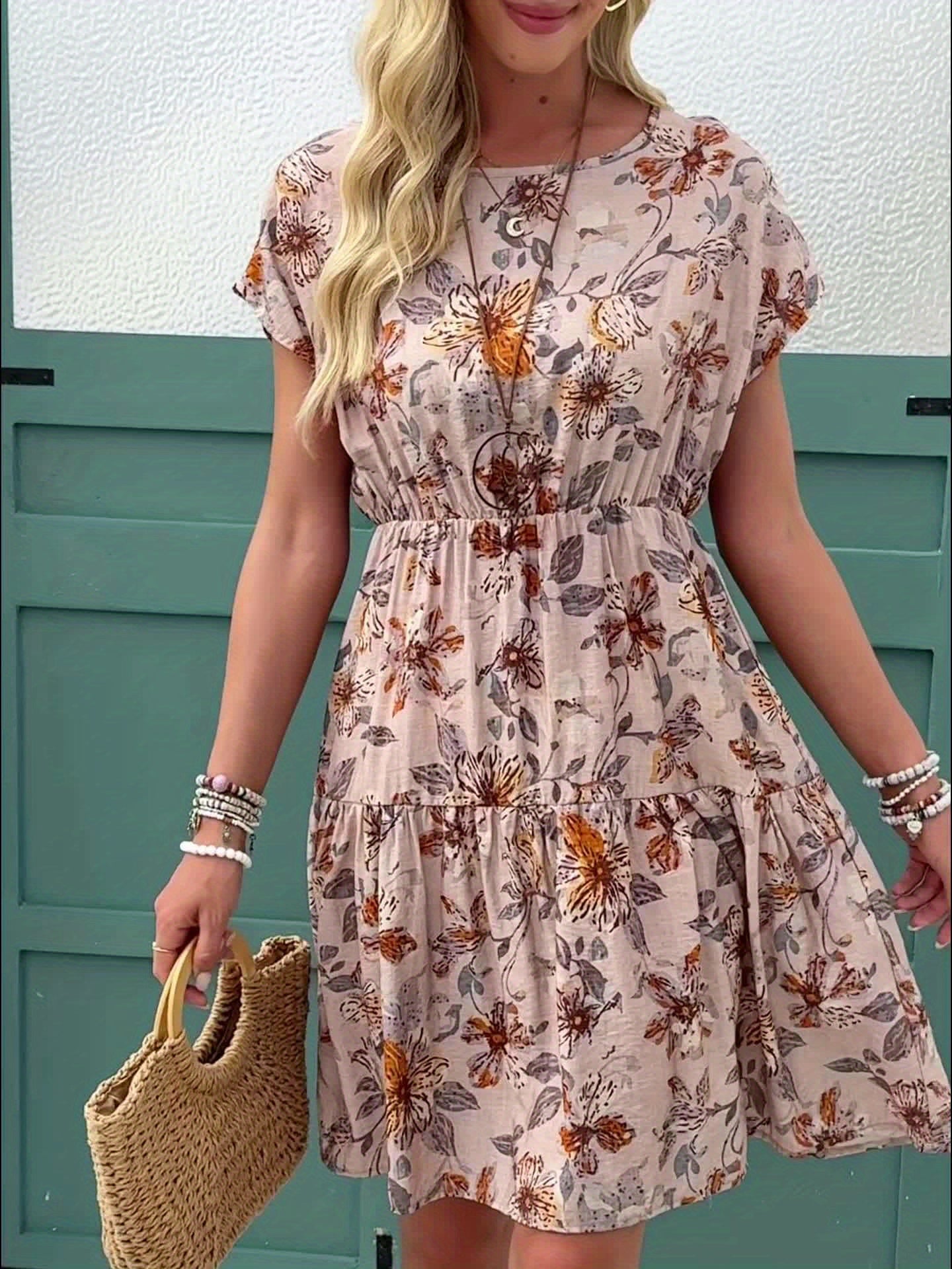 Floral Print Dresses for Women in Summer, Featuring a Relaxed Fit with a Round Neck And Batwing Short Sleeves
