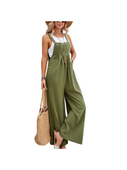 Retro Style Women'S Jumpsuit with Wide Legs, Mid-Rise Solid Color Overalls for Casual Daily Wear, Effortless Boho Chic One-Piece Pants