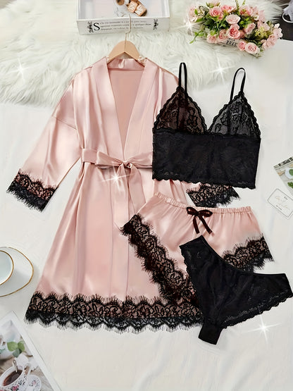 Women's Satin Fabric Pajama Set, Floral Lace Camisole Sleepwear and Robe 4pcs Set, Sexy Plus Size Nightwear with Pants and Belt, Loungewear