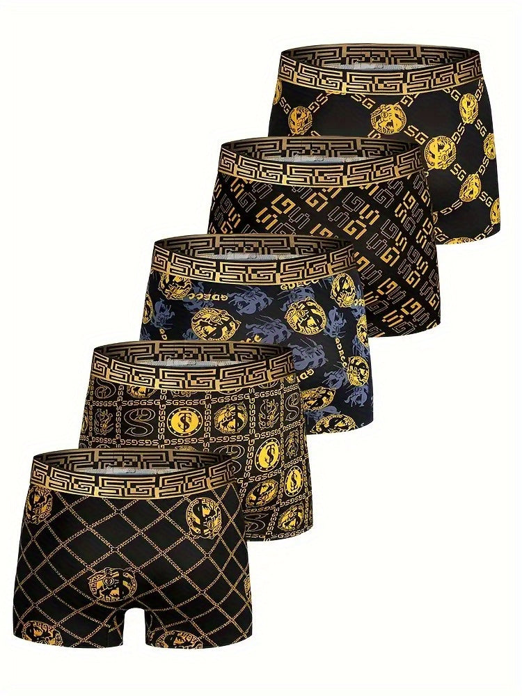 Random 5-Pack GDECC Men'S Ultra-Thin Breathable Boxer Briefs, Black And Golden Knight Chain Design, Soft Elastic Fiber, Suitable For Daily Wear And Special Occasions, Special Occasion Underwear| Knight Chain Pattern| Smooth Fabric Underwear