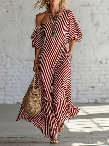 Women's Casual Striped Maxi Dress - Asymmetrical One Shoulder, Puff Sleeve, Loose Fit with Pockets, Summer Beachwear