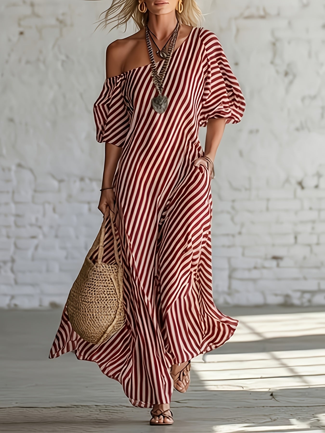 Women's Casual Striped Maxi Dress - Asymmetrical One Shoulder, Puff Sleeve, Loose Fit with Pockets, Summer Beachwear