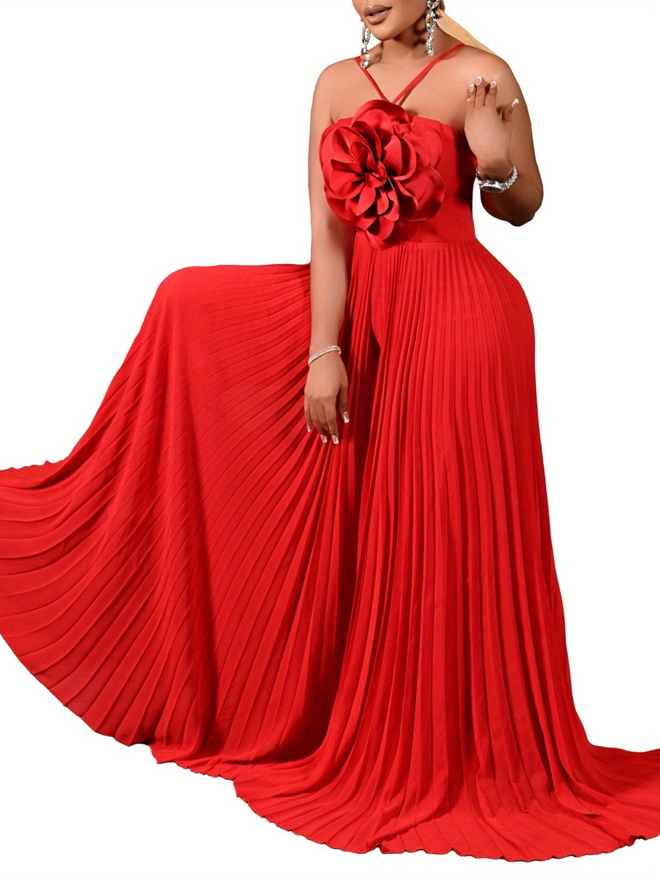 Plus Size - Plus Size - New Women'S European And American Summer Hanging Neck Three-Dimensional Flower Solid Color Wide Leg Plus Size Foreign Trade Jumpsuit