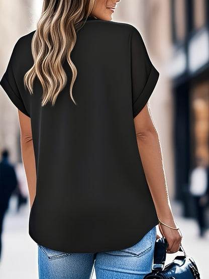 2025 Spring/Summer New Solid Color V-Neck Bat Women'S Short Sleeve Polo Collar Top Solid Color Women'S Shirt