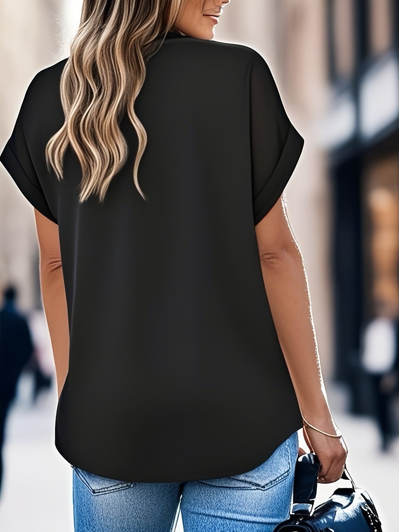 2025 Spring/Summer New Solid Color V-Neck Bat Women'S Short Sleeve Polo Collar Top Solid Color Women'S Shirt