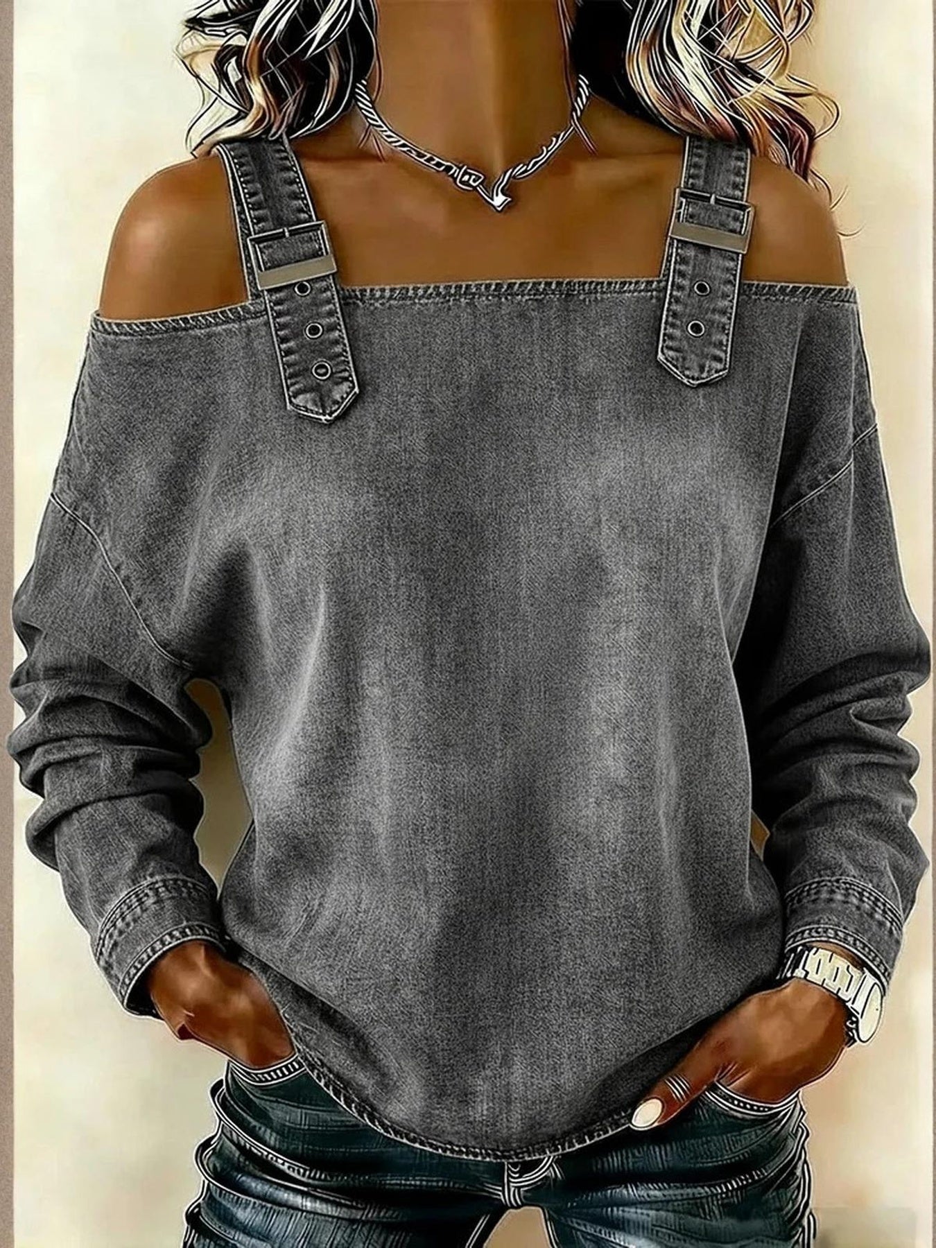 Women's Dress T-shirt with Elegant Style and Versatile Fit, Single-strap Collar, Shoulder Straps, Long-sleeved Top. Fashionable and Elegant for Women, Trendy.