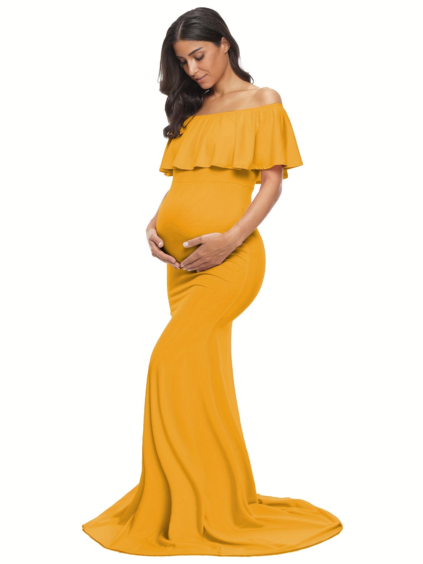 Womens Off Shoulder Maternity Dress Ruffles Elegant Slim Gowns Fit Maxi Photography Dress
