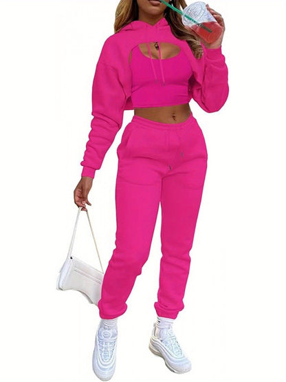 Women'S 3pcs Sweatsuits Sets Sexy Super Cropped Hoodie Tank Top And High Waisted Jogger Sweatpants Matching Loungewear Athleisure Outfits