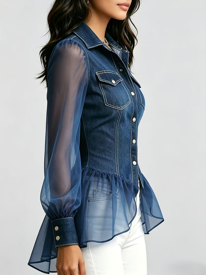 [Elegant Denim Tulle Jacket] Women's Elegant Summer Blue Denim and Tulle Patchwork Long-Sleeve Ruffle Jacket