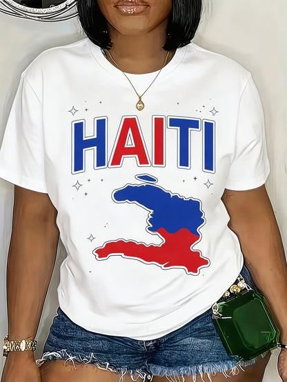 Haiti Map Print Women's TShirt Perfect for Dates, Home Office, Cafes, Mother's Day, Easter, and Any Holiday Celebrations, Ideal Summer Casual Wear