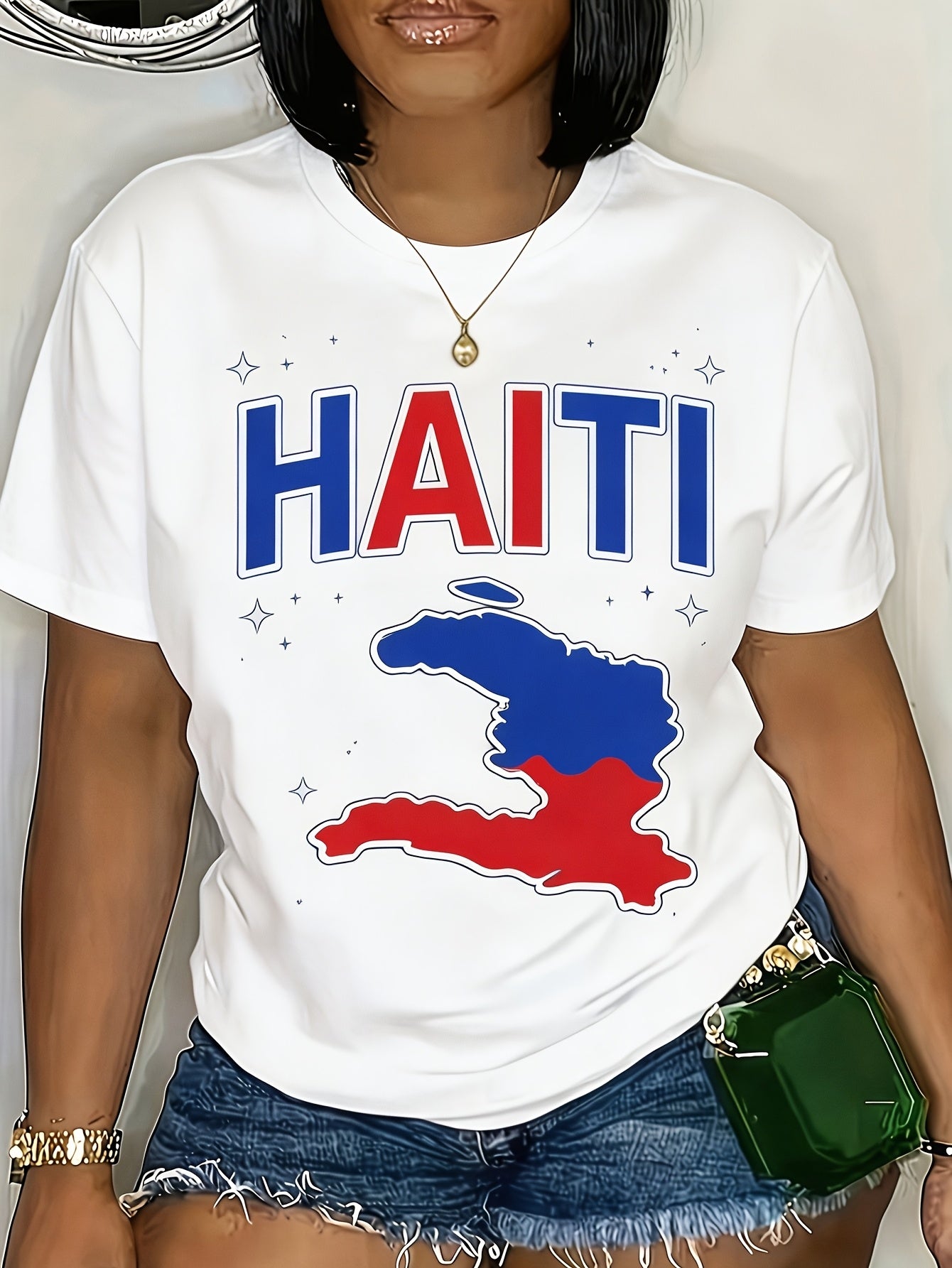 Haiti Map Print Women's TShirt Perfect for Dates, Home Office, Cafes, Mother's Day, Easter, and Any Holiday Celebrations, Ideal Summer Casual Wear