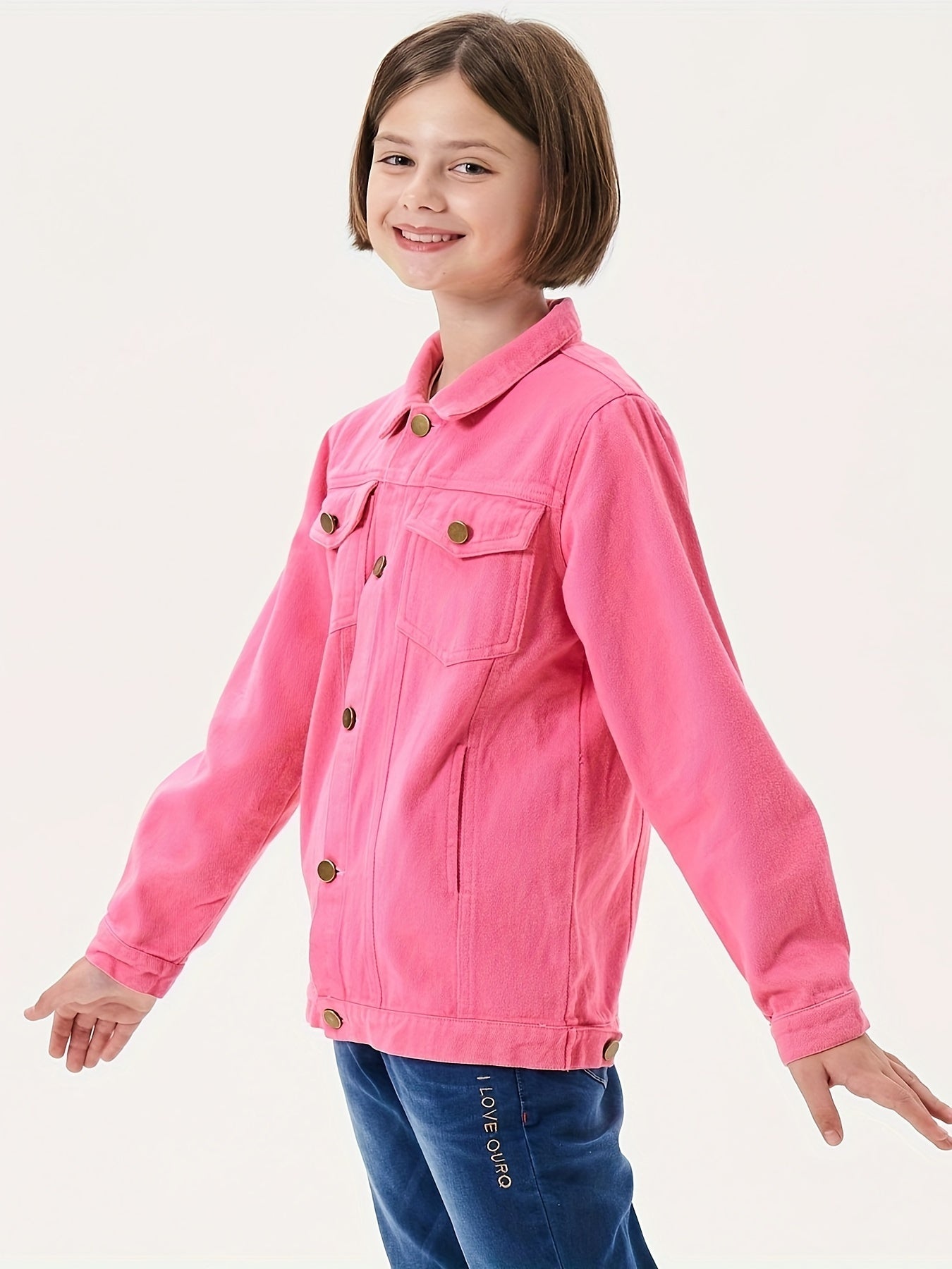 Girls' Pink denim Jacket - Soft & Stretchy Kids Coat with Button Front, Turn- Collar - Ages 5-14 Years (Sizes 6, 8, 10, 12, 14) - Casual Everyday & Formal Outfits - Easy-Care Button Closure Jacket, Children's Outerwear, Skinfriendly Fabric