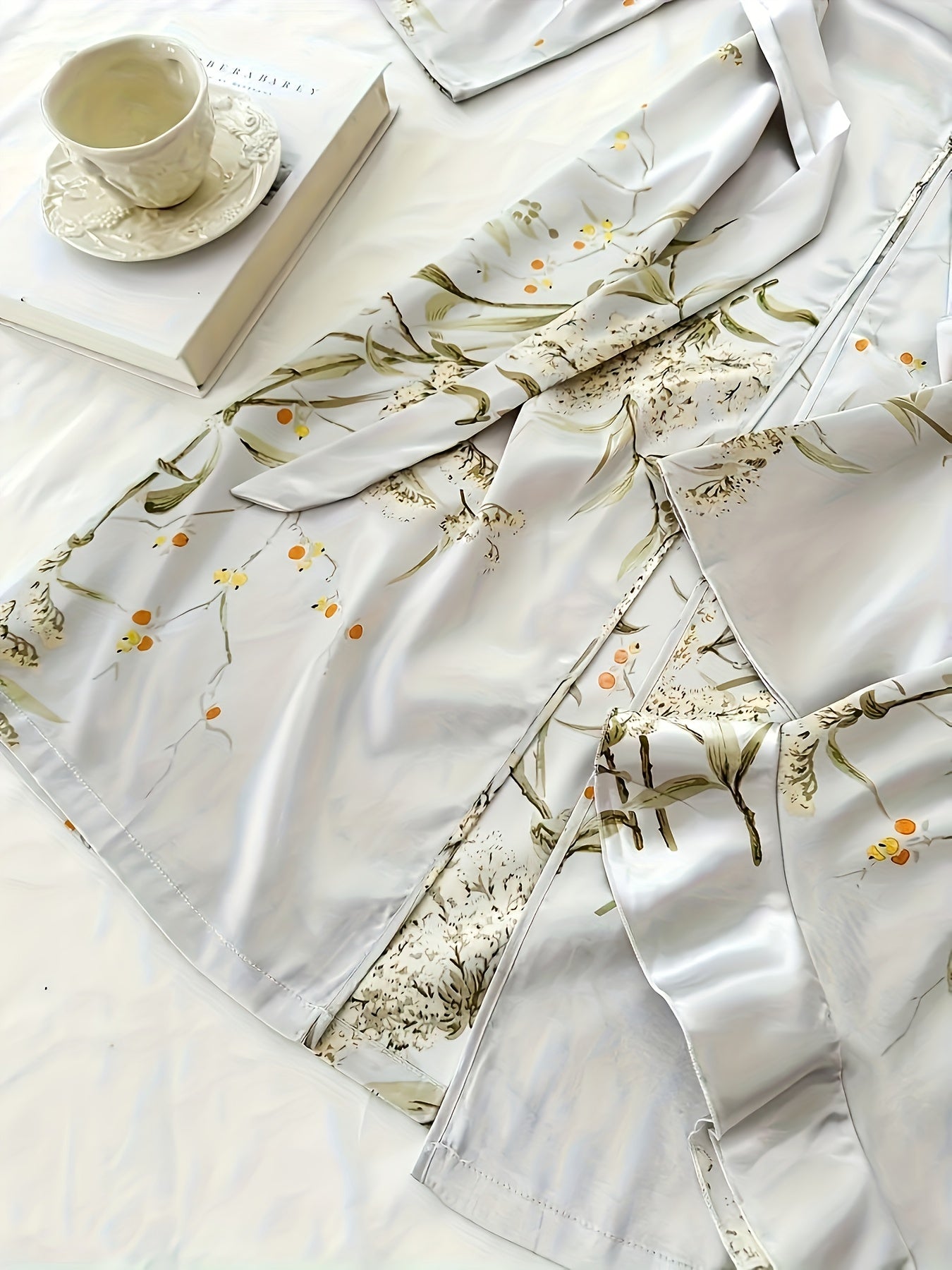 Women'S Printed Pajamas Set - Set (Including Robe, Short Suspender, Shorts And Skirt), Cherry Printed Pajamas, Loose, Soft And Comfortable