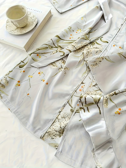 Women'S Printed Pajamas Set - Set (Including Robe, Short Suspender, Shorts And Skirt), Cherry Printed Pajamas, Loose, Soft And Comfortable