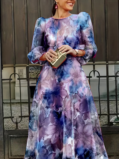 [Wedding Guest Party] Women's Floral Print Chiffon Maxi Dress - Elegant Ombre Gradient Long Sleeve Dress with Back Zipper, Wedding Guest Party Dress, Flowy Sunset Dress