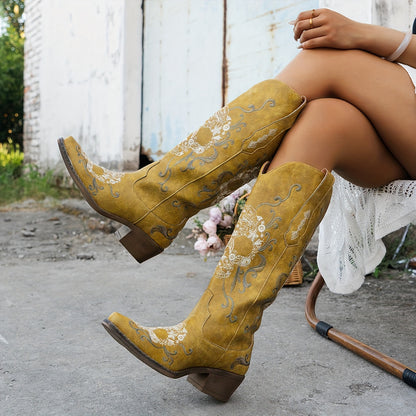 Women'S Retro Embroidered Skull Western Cowboy Boots - Slip-On Chunky Mid-Heel Square Toe, Faux Cover & TPR Outsole, All-Season Comfort for Halloween, Casual & Themed Events, Cowboy Accessories, Themed Event Footwear, Durable Footwear Construction