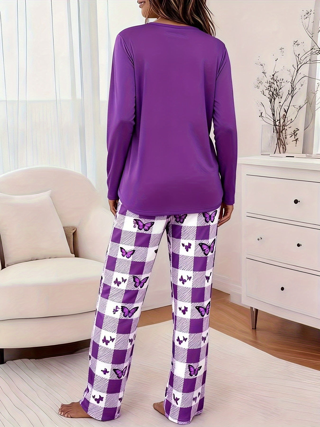 Ladies' Purple Butterfly Casual Pajama Set with Long Sleeves And Loose Plaid Pants for Homewear