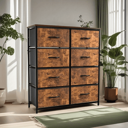 8-drawer Chest | Sturdy Steel Frame Support, Anti-dumping Design, Suitable for Bedroom, Cloakroom, Corridor, Black and Gray, Oak Finish, Assembly Required, ≥3.2 Cubic Feet Storage Capacity