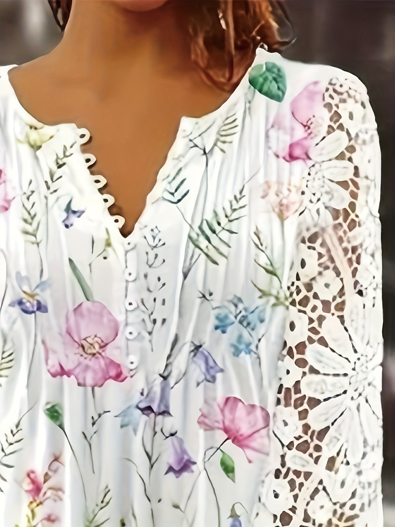 Plus Size - European And American Spring And Autumn Fashion New Women'S Lace Lace Lace Sleeves Pressed Pleated Solid Color Button T-shirt Bottom