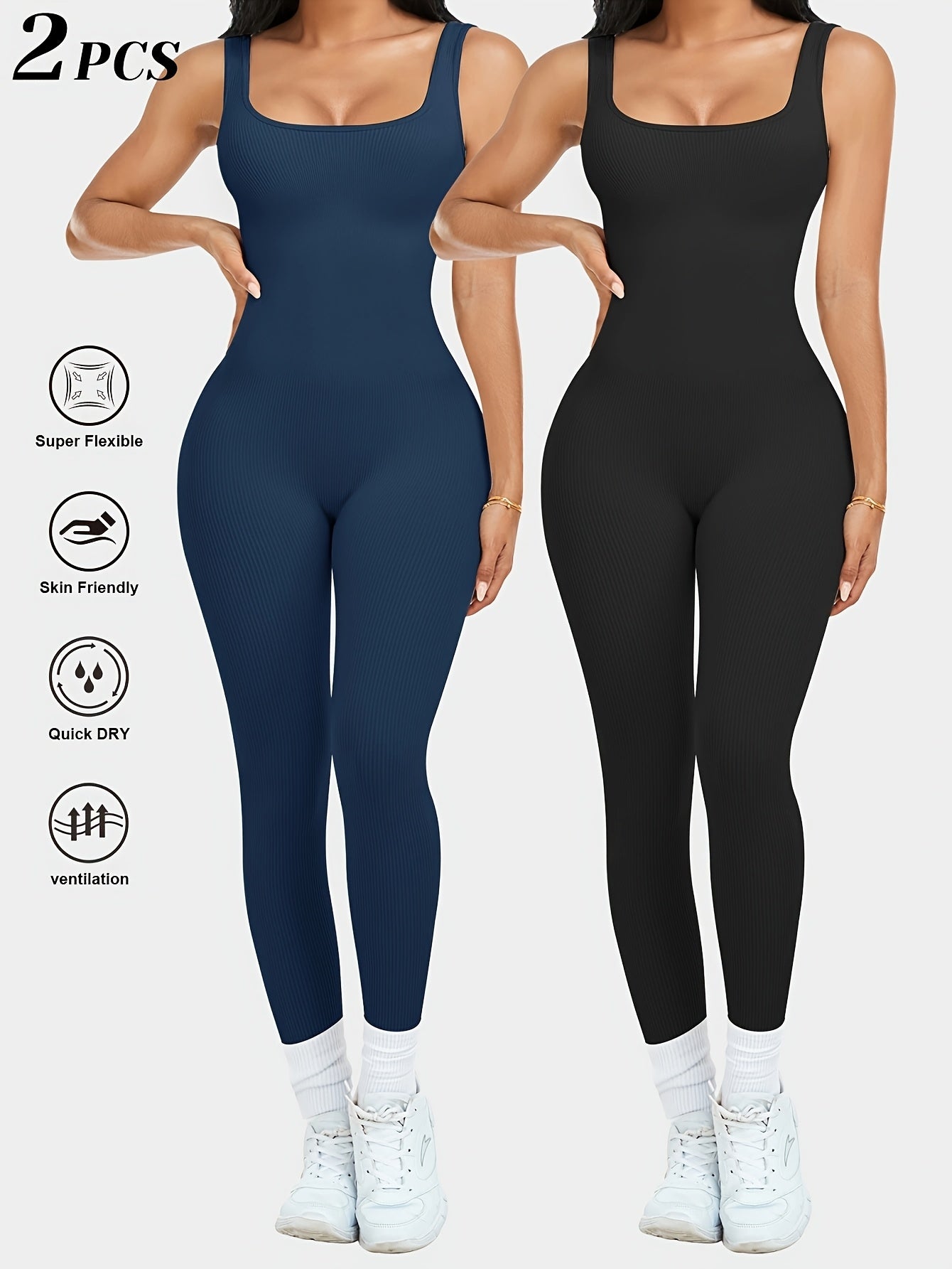 2pcs - Women'S Autumn And Winter Sleeveless Square Collar Long Jumpsuit, 90% Nylon And 10% Elastic Fiber Fabric Comfortable, Thick, Impermeable Washable And Reusable, Suitable For Any Activity Occasion, Exercise, Fitness, Pilates, Running, Yoga