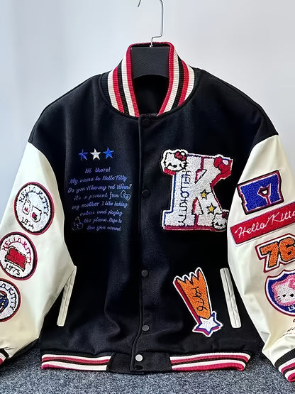 for sanrio Licensed Women'S Jacket Featuring Hello Kitty And Kuromi Patches - Lightweight Spring And Autumn Coat, Cute Anime Character Outerwear, Perfect For Parties And Everyday Wear - Iconic Brand Accessories (a Must-have For Sanrio Fans)