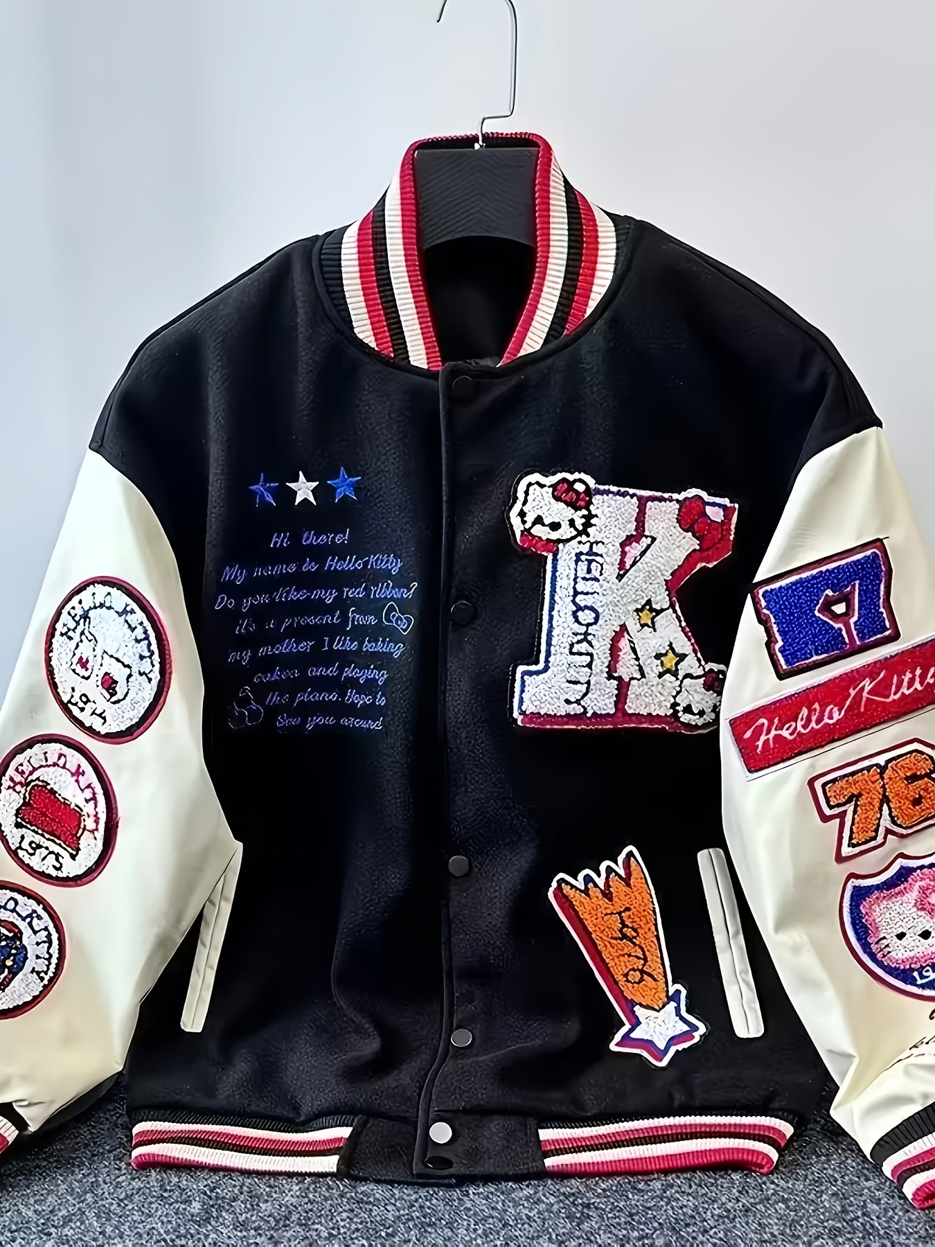 for sanrio Licensed Women'S Jacket Featuring Hello Kitty And Kuromi Patches - Lightweight Spring And Autumn Coat, Cute Anime Character Outerwear, Perfect For Parties And Everyday Wear - Iconic Brand Accessories (a Must-have For Sanrio Fans)