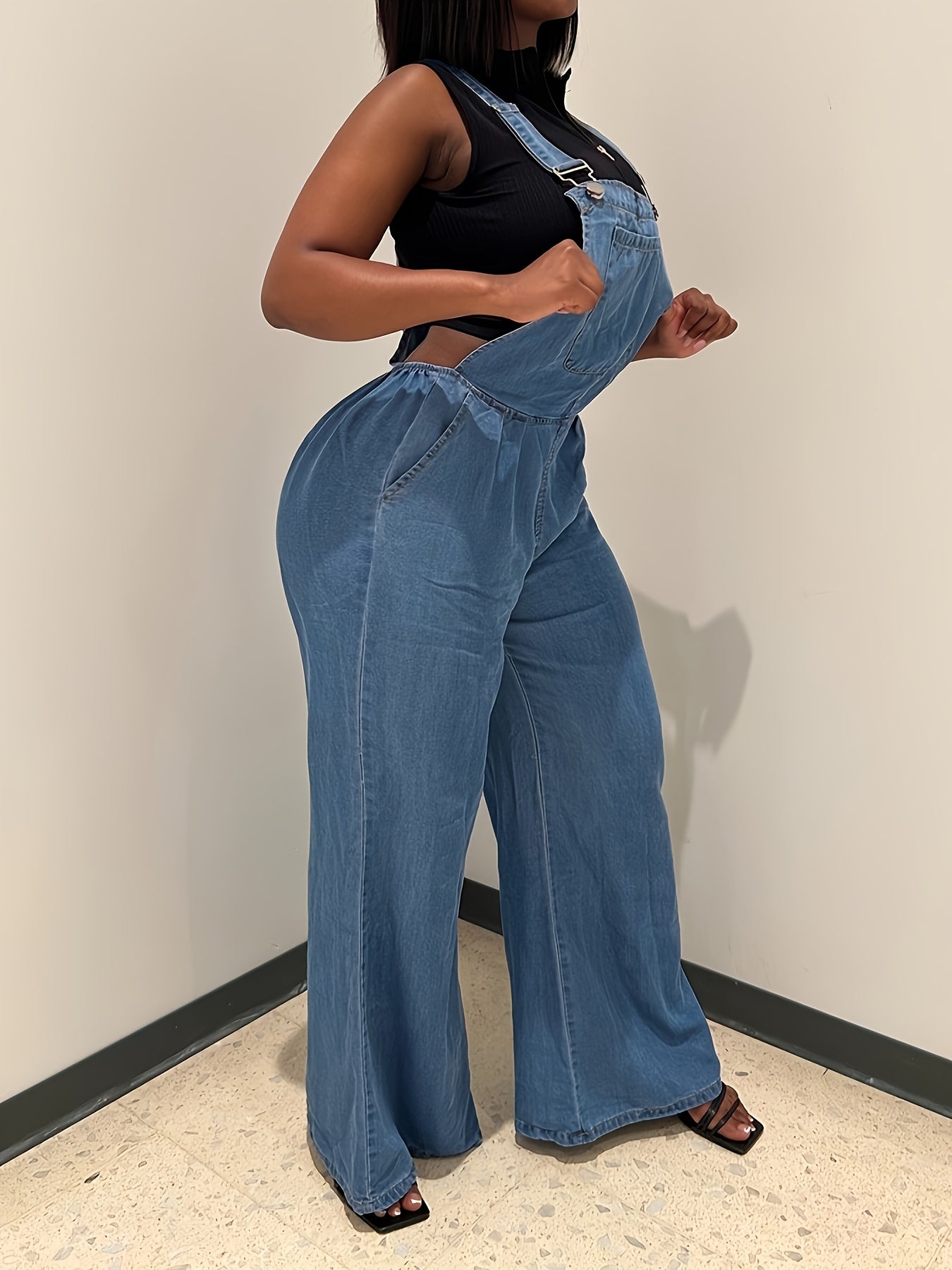 Women's Denim Overalls - Loose-Fit Sleeveless Casual Style With Side Pockets, Wide-Leg Jumpsuit Dungarees