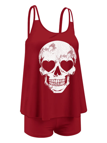 Adorable Skeleton-Themed Two-Piece Swimsuit for Women, Featuring a Stylish Black Design with a Conservative Double Shoulder Tankini Style, Perfect for a Laid-Back Halloween Look