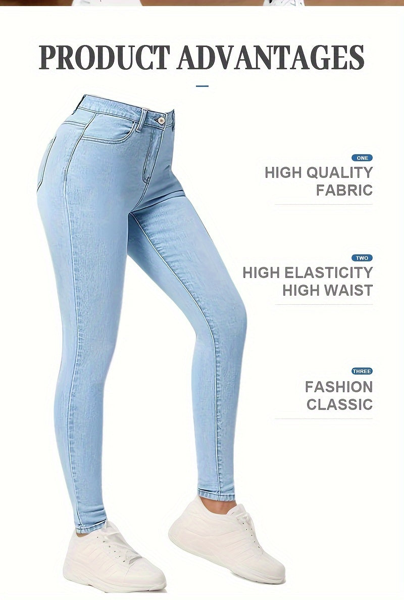 High-Rise Slim Fit Blue Jeans - Stretchy Denim, Slant Pockets, Comfortable High-Stretch Fabric, Womens Fashionable Denim Pants for Casual Attire - Premium Quality, Soft Touch, And Stylish Design