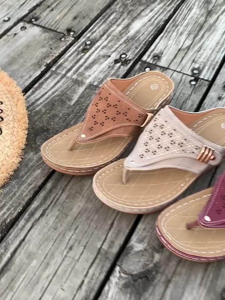Women's Orthopedic Wedge Sandals, Casual Comfortable Flip-Flops, Non-Slip Thick-Soled Slippers, Breathable Hollow Summer Beach Shoes