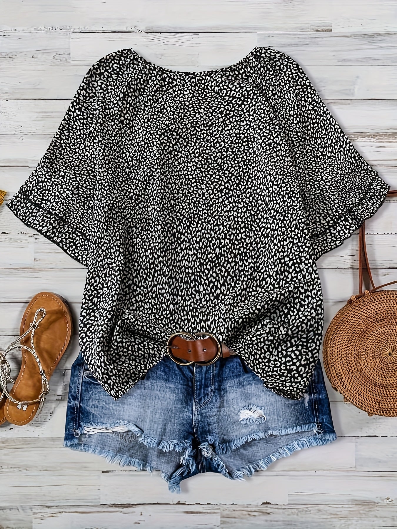 Plus Size Women's Boho Leopard Print Ruffle Sleeve Blouse - Asymmetrical Summer Top with Round Neck, Machine Washable Casual Vacation Shirt for Beach Outings & Warm Weather, Relaxed Setting Apparel, Nontransparent Fabric