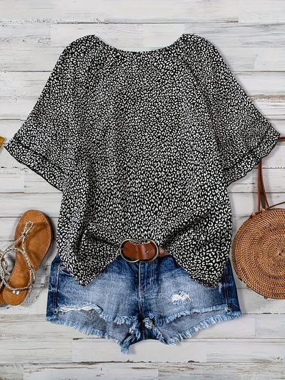 Plus Size Women's Boho Leopard Print Ruffle Sleeve Blouse - Asymmetrical Summer Top with Round Neck, Machine Washable Casual Vacation Shirt for Beach Outings & Warm Weather, Relaxed Setting Apparel, Nontransparent Fabric