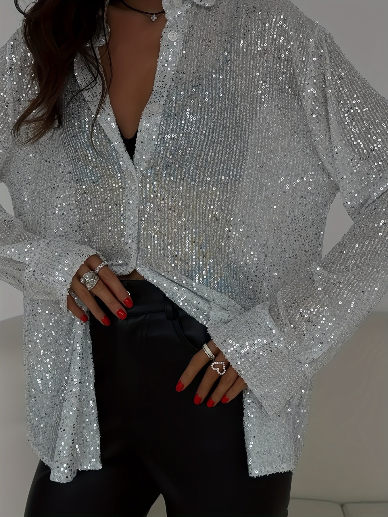 Ladies' Long-Sleeve Collared Shirt with Sequins, Featuring a Button- Open Front, Loose Fit Blouses, And Tops