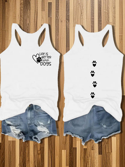 Women's Casual Sleeveless Round Neck Vest - Double-Sided Cat & Dog Paw Print Design, Cotton Lightweight Summer Top, Machine Washable Pet Lover Apparel, Outdoor Relaxation Clothing, Nontransparent Fabric