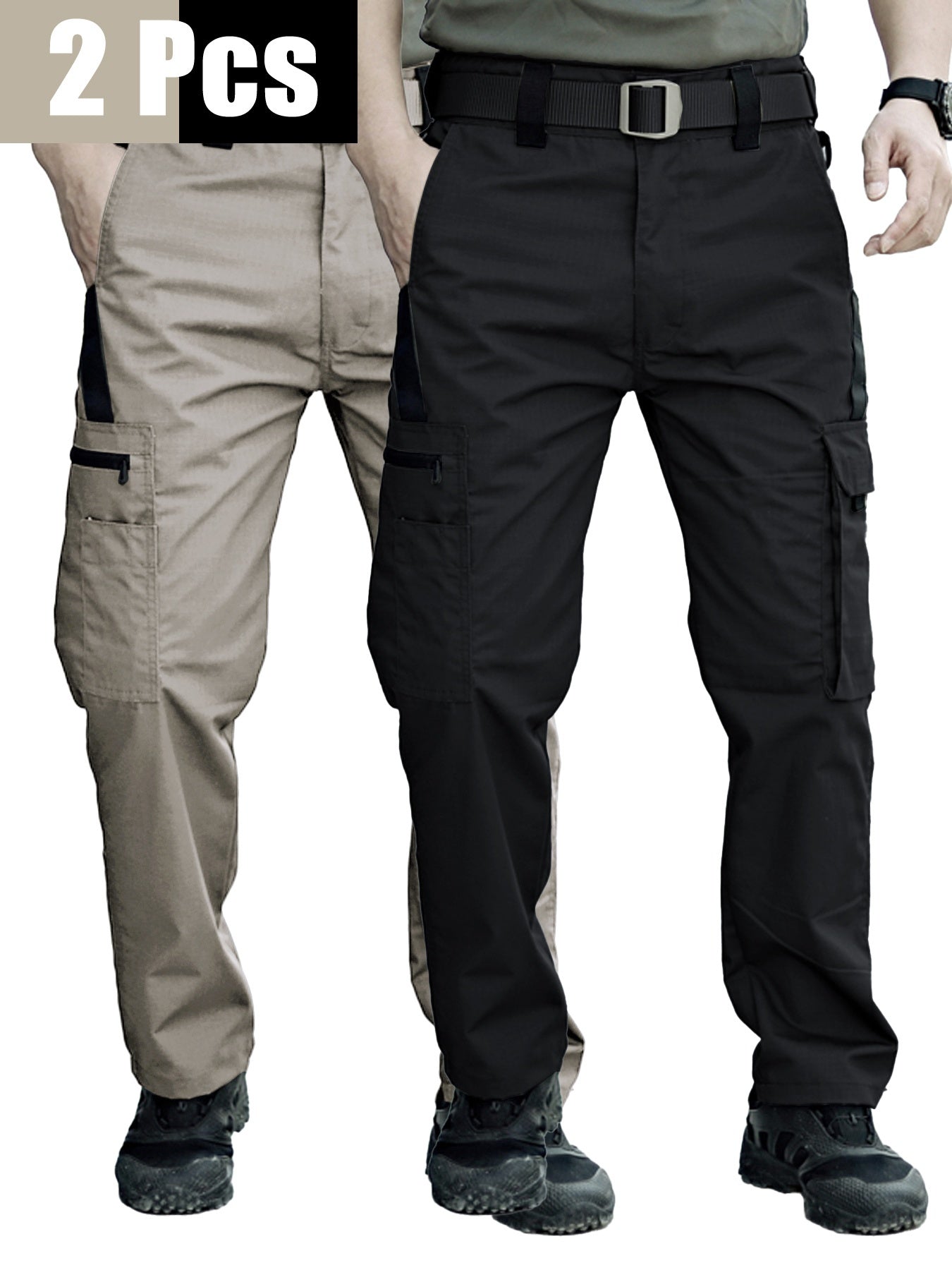 2 Pairs of Men's Tactical Cargo Pants, Outdoor Construction Hiking Multi-pocket Durable Casual Tactical Trousers | Adjustable Waistband | Hiking and Mountaineering Gear (waistband Not Included)