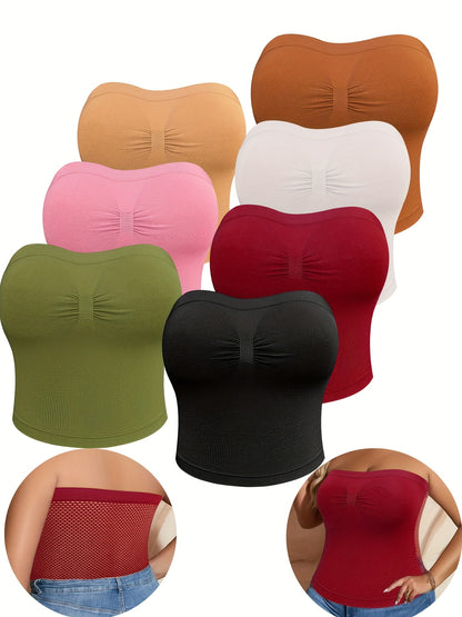7pcs Pack Women's Plus Size High- Tube with Built-in Bra - Breathable Shaping Smock Suitable for Postpartum, Tummy, Casual Attire, Hand Washable Solid Color Underwear