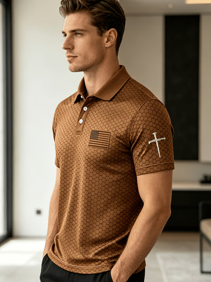 American Flag Gradient Cross Print Polo Shirt for Men's Casual Lapel Short Sleeved Patriotic Themed Commuting Top, American Flag Armband Contrasting Striped Short Sleeved Casual Business Lapel Top