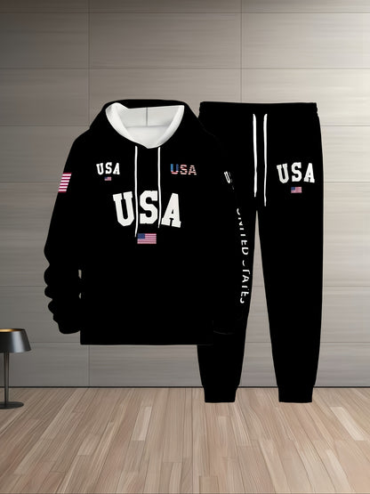 2pcs Set, Discount, Black Vintage Letter Print, Men's 2pcs Set, Casual Crew Neck Long Sleeve Hoodie and Sweatpants Set, Suitable for Winter and Autumn, Sportswear Set