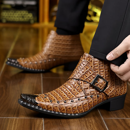 [Party & Retro Wear] Men's Crocodile Embossed Faux Ankle Boots - Western Style Pointed Toe Studded Buckle Heeled Boots For Party & Retro Wear