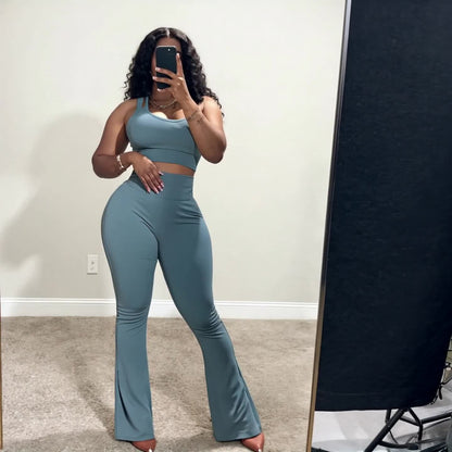 Casual 2pcs Outfits for Women Short Tank Top Crop High Waist Flare Pants Sets