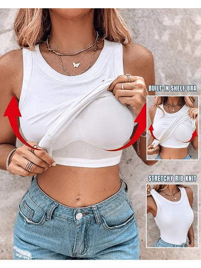 4pcs Women's Ribbed Tank Tops with Built-in Bra, Slim Fit Sleeveless Scoop Neck Camisole Pack, Premium Comfort Basic Undershirts