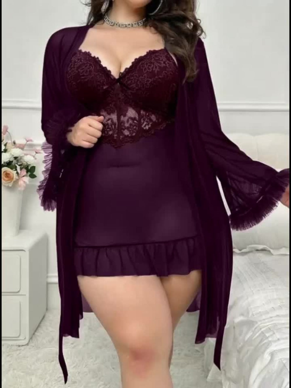 Women's Lace Pajama Set - 2-Piece Lace Plus Size Comfort