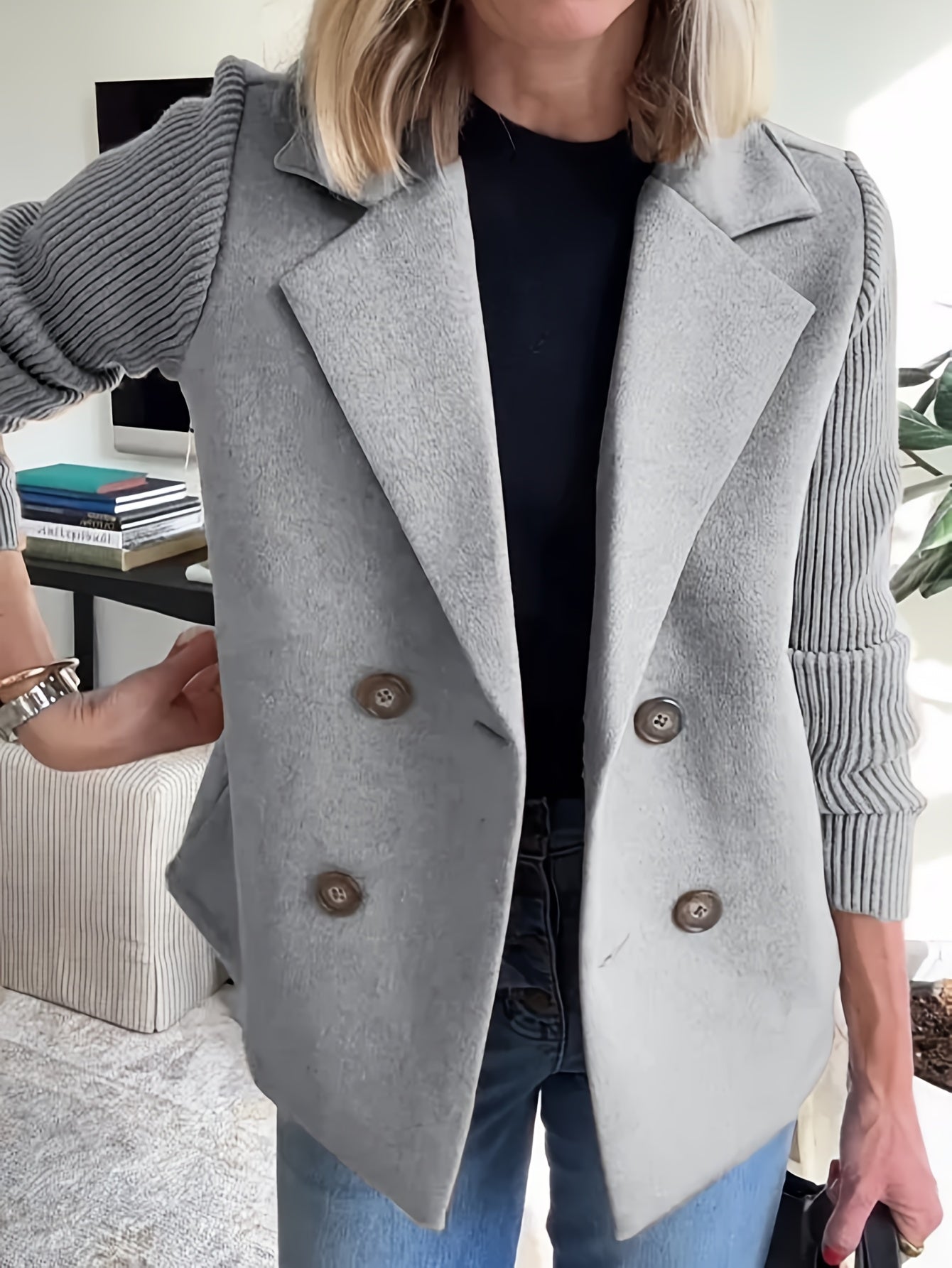 Women'S New Fashion Casual Double-Breasted Casual Strip Long-Sleeved Suit Jacket