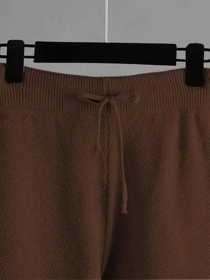Y08 Women's 2pcs Elegant Casual Outfit, Long Sleeve Crew Neck Top & Loose Pants, Solid Color, Regular Cuffs, All-Season Wear, Multiple Colors Available