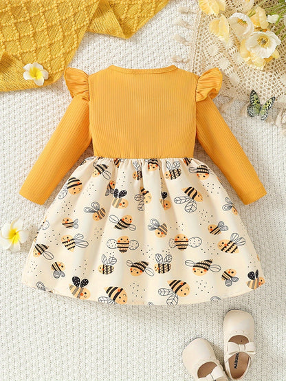 Adorable Bee Print Knee-Length Dress for Girls with Ruffled Long Sleeves & Cute Bow Detail - Soft Polyester Knit Fabric, Perfect for Fall/Spring, Flower Girl Dress